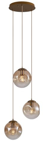 Qazqa Art Deco Pendelleuchte, Pendellampe - Douglass - Messing, Gold mit Bernsteinglas, Vintage, 3-flammig, 45cm, Ideal als Flur, Wohnzimmerlampe, Küche lampe und