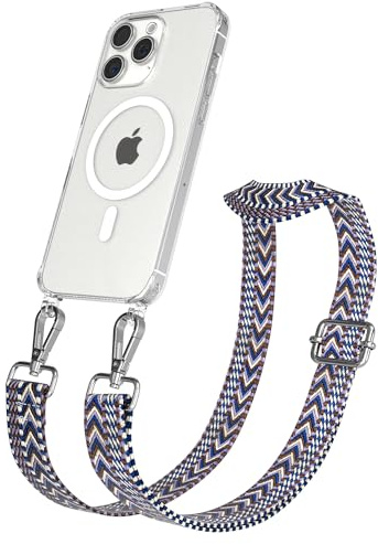 EAZY CASE Handykette - Verstellbares Taschenband kompatibel mit iPhone 15 Pro Max, Schulterriemen, Handykordel mit Silikon Hülle, Qi Charging kompatibel, Umhängetasche, Blau Weiß Silber
