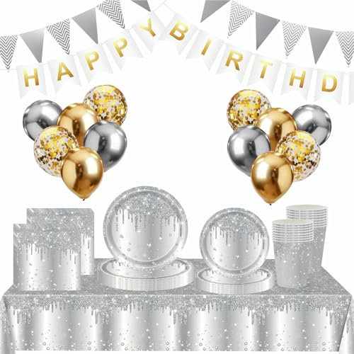 83pcs Silver Diamond Theme Disposable Party Tableware Set | Glitter Silver Paper Plates, Cups, Napkins, Tablecloth, Banner & Balloons | Elegant Dinnerware for Women & Girls Birthdays, Weddings