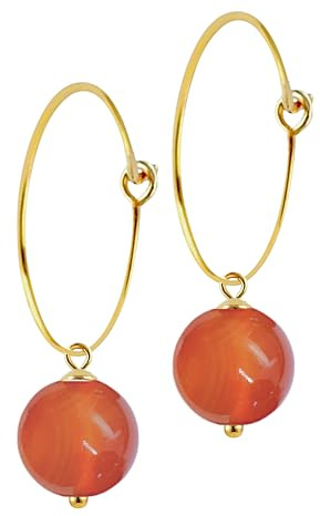 I.L.U.S Karneol Edelstein Ohrringe Creolen mit Kugelanhänger-Ohrhänger Silber 925 Vergoldet mit Kugel Stein Charm-Edelstein Damenschmuck Geschenk-Carnelian Hoops Gold Vergoldet Silber