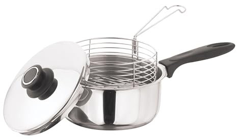 Bargain Crown 20cm Stainless Steel Chip Pan with Basket & Lid - Deep Frying Pan for Crispy Chips, French Fries & More - Induction Compatible, Non-Stick, Multi-Purpose Fryer & Saucepan for Kitchen