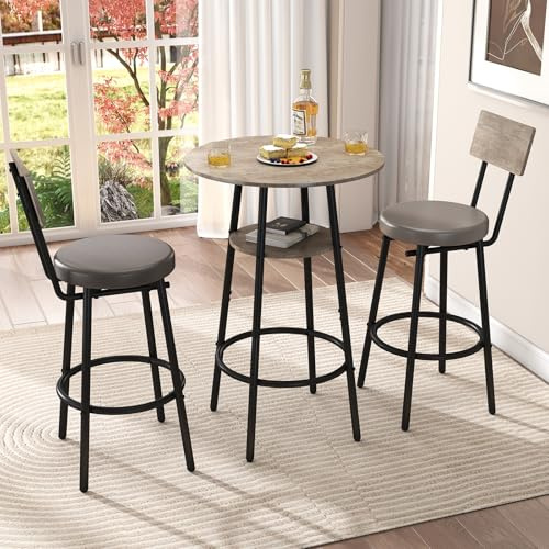 Zevemomo 3 Pieces Bar Table and Chairs Set Pub Table and Chairs for 2-Grey