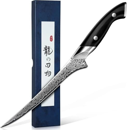 DRAGON RIOT Filetiermesser Fisch - Profi Fischmesser mit Flexibler Klinge | Japanisches Ausbeinmesser mit Ergonomischer Griff, Damaststahl mit 56±2 HRC und 15° Schliff, Geschenke für Männer