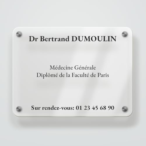 Plexoretto Plaque Professionnelle Personnalisée - 27,5x20 cm - Plexiglas Aspect Verre (PMMA) - Signalétique Extérieure pour Cabinet Médical, Avocat, Infirmier, Entreprise - Fixations Incluses