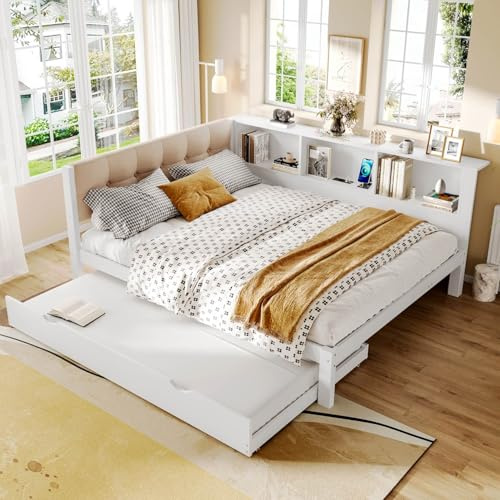 EURHCIO Canapé Lit 2 Places 140x200,Cadre de Lit 2 Personnes Rembourré avec Lit Gigogne 90x190,Port USB-C,Éclairage LED Réglable,Rangement,pour Adolescents Adultes(140x200)