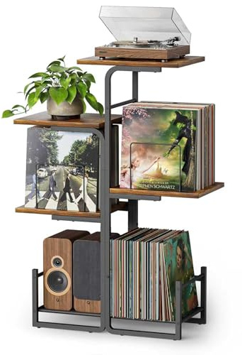 Bikoney Planter Record Player Stand with LP Vinyl Display Shelf | Vintage Turntable Stand with LP Display Shelf, Large Vinyl Storage Cabinet, Space-Saving Side Table, Sturdy Frame