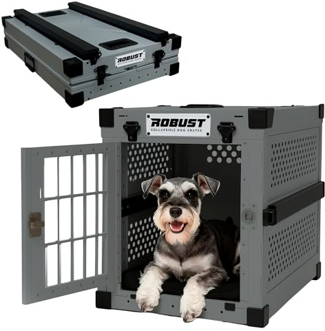 ROBUST Hundetransportbox Auto Faltbar für Alle Hunderassen – Leichte Hundebox aus Aluminium mit Verstärkten Ecken | Tragetasche Hund Kofferraum für Zuhause, Auto, Ausflug und Flugreisen (Gris, M)