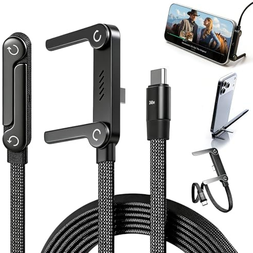 Pipihome 2 in 1 Ladekabel mit Ständer, 240 W Seitliches Ladekabel, Superschnelles USB C Kabel mit Unsichtbarer Halterung, Schnellladekabel für Smartphones, Tablets, Laptops