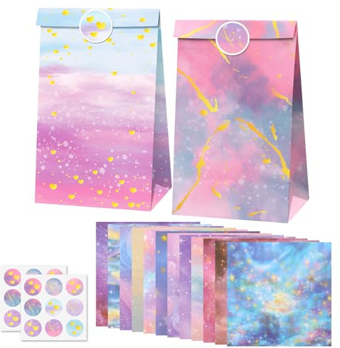 Eudomis 12 Stück Rosa Tie-Dye Goldene Papiertüten, Geschenktüten Kindergeburtstag Party, Bunt Mitgebsel Tüten mit 18 Aufklebern, für Kinderfeste, Hochzeiten, Jubiläen, Süssigkeiten Verpackung