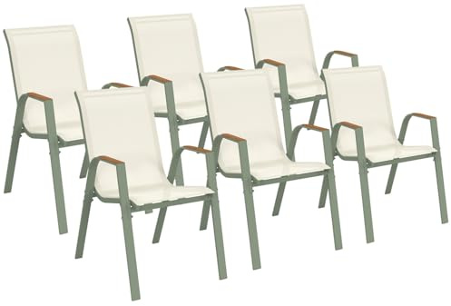IDMarket - Set aus 6 stapelbaren Gartenstühlen NOUMEA aus Metall und Textilene in Grün und Holz