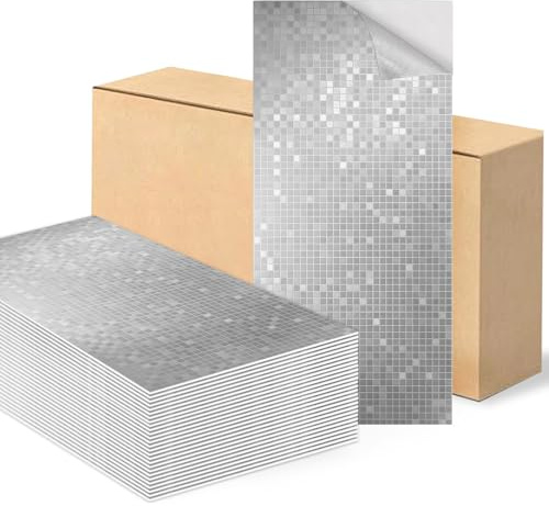 Swehooirt 60x30cm 10Pcs Peel and Stick Backsplash Mosaic Tile Stickers Thicken Imitation Stainless Steel Metal Kitchen Backsplash Stick on Tiles for Stove, Bathroom, Laundry in Silver