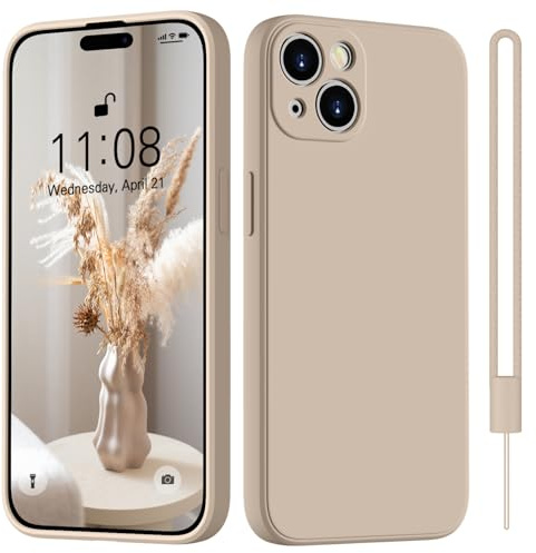 HGH for iPhone 13 Mini Case Silicone With Lanyard, Khaki | [Camera All-Round Protection] [Soft Microfiber Lining Anti-Scratch] Full Covered Shockproof