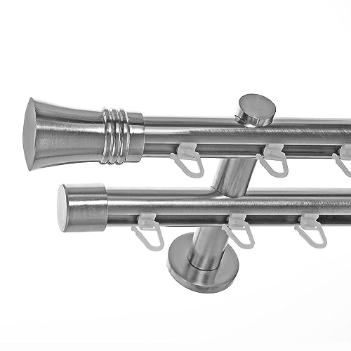 BASIT Gardinenstange Innenlauf Edelstahllook 20mm 2-läufig Wand 400cm H40 | Gardinenstangenset doppelläufig Wandmontage Metall Vorhangstange Wandhalterung 120-600cm wählbar Kappe Knauf E86