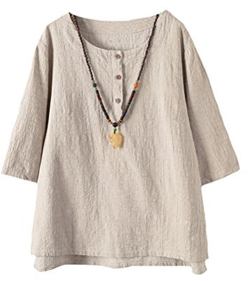 Vogstyle Women's New Cotton Linen Tunic Tee Shirt Jacquard Tops Apricot XXL