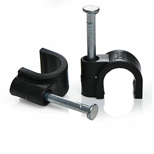 7mm Round Black Cable Clips Extension Lead Wire Holder Discreet Organising with Masonry Fixing Nail Pack of 200