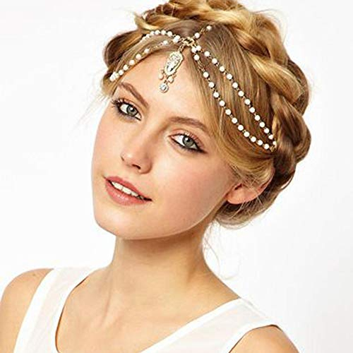 Deniferymakeup Vintage Hochzeit Braut Gothic Gold Kopfkette Braut Kopfschmuck Strass Kristall Hochzeit Haarschmuck für Braut und Frauen Imitation Perle Handgemachtes Stirnband (Weiß)