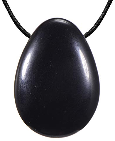 Morella Stoff Halskette 80 cm mit Edelstein Tropfen Anhänger schwarzer Obsidian im Schmuckbeutel