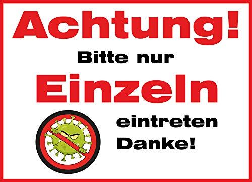 Maskenpflicht Hygiene-Hinweis Aufkleber Achtung Bitte nur Einzeln eintreten! Tür Schau-Fenster Virus 29x20 cm Corona Sticker