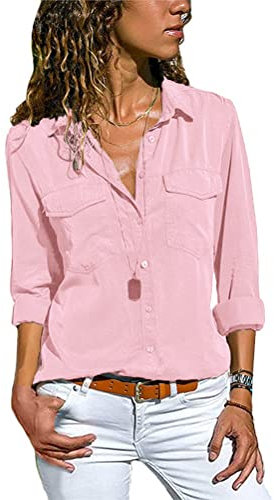 Minetom Femme Chemisier Été Haut Couleur Unie Manches Longues Shirt Blouse Col V Chemise Chic Top avec Bouton Rose M
