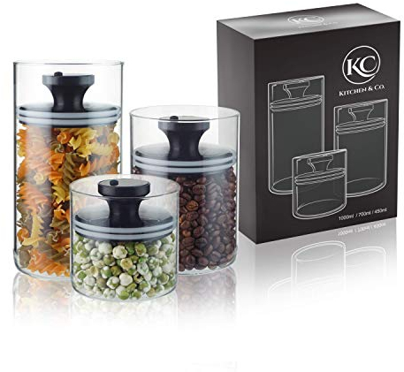 Vorratsgläser mit Vakuumdeckel, Luftdichte Aufbewahrung, Vorratsdose mit Deckel, mottensichere Gläser, Kaffeedose aus Glas, BPA-frei, Borosilikatglas Behälter, nachhaltige Aufbewahrung (3-er Set)