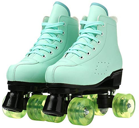 Damen Rollschuhe Classic High Top zweireihig Leder Erwachsene Rollschuhe Outdoor Vierrad Doppelskates für Mädchen Unisex (Grün, 39=US:7)