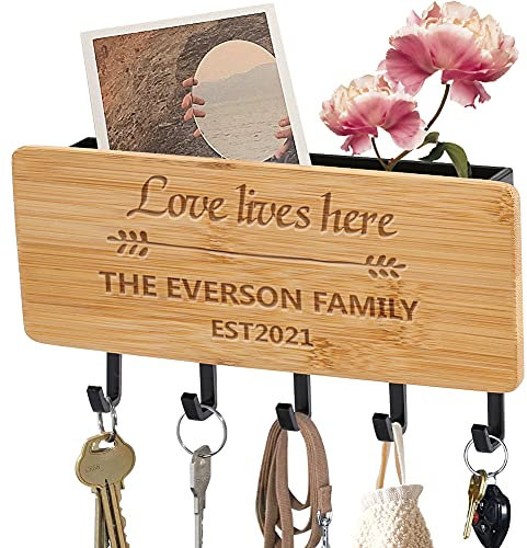 porte clef mural à grave personnalisé pour clés et lettres, petit porte clé mural en bambou pour mur, crochets à clés pour entrée, couloir, cuisine (Love Live Here)