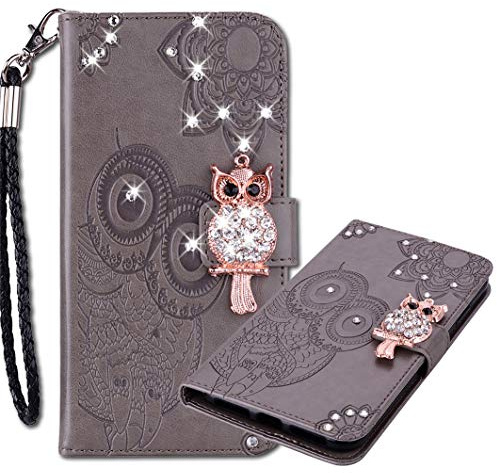 MRSTER Lederhülle iPhone 13 Flip Hülle, 3D Prägung Eule Bling Diamond Schutzhülle mit Handschlaufe Voller Schutz Handyhülle für Apple iPhone 13 (6.1). Owl Grey