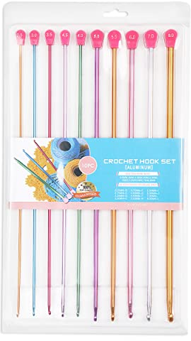 Coopay Tunesische Häkelnadeln Set, 10 Stück Bunt Aluminium Tunesische Stricknadeln Häkelnadel, 35cm Afghanische Häkelnadel Set für Anfänger Stricker, 2,5-8,0 mm Tunesische Häkelnadelset Geschenk
