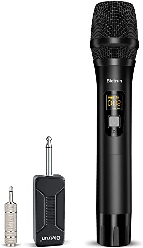 Bietrun UHF Microfono Karaoke Microfono Senza fili Microfono wireless con Display Digitale in metallo con ricevitore ricaricabile per Karaoke/Festa/KTV/Prestazioni All'aperto ecc, Nero