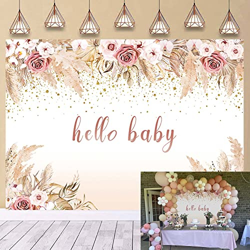 Toile de fond Hello Baby pour fille, fête prénatale, fleurs roses bohèmes, arrière-plan pour photographie, décoration de gâteau, décoration de table (2,1 x 1,5 m)