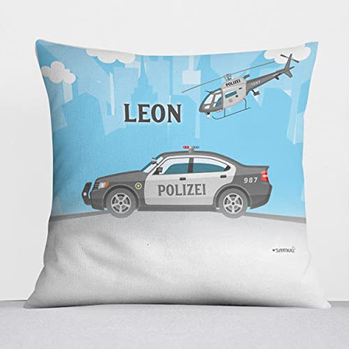 Sunnywall® Kissen mit niedlichen Motiv für Kinderzimmer Babyzimmer Kuschelkissen Tiermotive individuell personalisiert 40 x 40 cm (40 x 40 cm, Polizei)