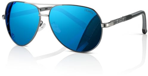 Olwen XXL Pilotenbrille für große Köpfe (polarisiert), extra groß, groß und hoch, XL + Gratis Hartschalenetui, Blauer Spiegel, 63