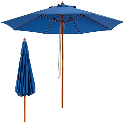 TANGZON 283/295CM Wooden Garden Parasol, Pulley Operated 8 Ribs Patio Umbrella, Outdoor Portable Table Parasol Sun Shade Umbrella for Balcony Deck Yard Market Beach Pool(283 x 283 x 254 cm, Blue)