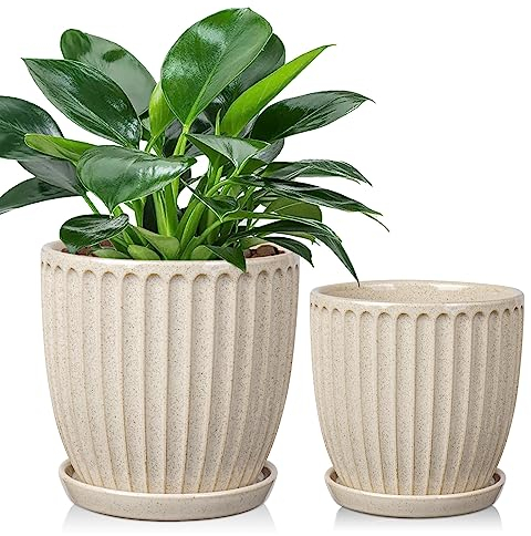 2er-Set Keramik Gerippter Übertopf, Blumentöpfe mit Drainageloch-Untersetzern für Zimmerpflanzen, Retro-Dekoration für Gartenbehälter-Sets im Freien, Durchmesser Öffnung 15cm/13cm, Gesprenkeltes Weiß