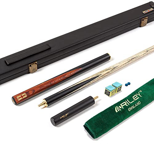 Riley England Snooker-Queue und Hartschalenkoffer, 3/4-Schnitt, handgespleißter Ebenholz-Hintern, 145 cm, Schaft aus nordamerikanischer Esche mit 9,5-mm-Spitze, inklusive 15-cm-Verlängerung und