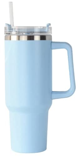 40 oz stainless steel large cup tumbler mug with straw and handle reuseable (Light Blue)