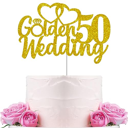 Gidobo 50th Wedding Anniversary Cake Toppers with Heart Cupcake Toppers, Glittery Golden Weddding Anniversary Heart Cake Decoration for Celebration Party Supplies