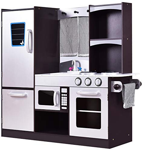 RELAX4LIFE Cocina Juguete de Madera para Niños, Cocinita Infantil con Horno, Microondas, Estufa, Nevera, Accesorios Realistas, 2 Estantes, Cocina Infantil para Niños 3+ Años