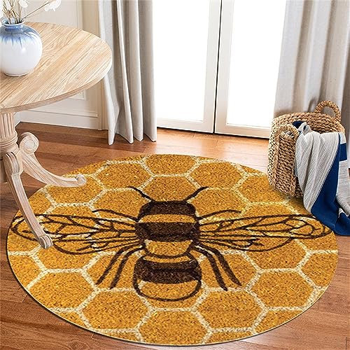 Highdi Teppich Rund rutschfest Schlafzimmer Teppiche, Kreativ Tier Drucken Innenbereich Polyester Runder Teppich fürs Wohnzimmer, Flur, Modern Kinderzimmer, Büro (120cm,Biene)