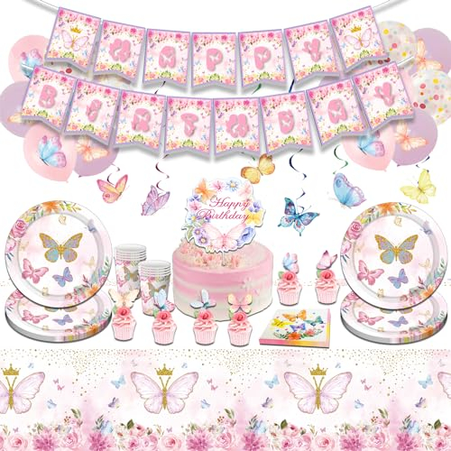 Papillon Anniversaire Decoration, Fille Kit Vaisselle de Fête, Papillon Rose Assiette Ballons Nappe Pailles Serviettes, Lot de 89 ustensiles de fête pour 10 invités
