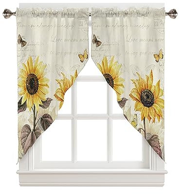 Prime Leader Volantvorhänge mit Blumenmuster, Retro, Sonnenblume, Schmetterling, Landhausstil, Stangentasche, Küchenvorhänge, gewellte Fensterbehandlung, Volants, Girlanden für Wohnzimmer, 1 Paar,