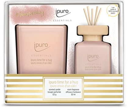 ipuro Essentials - TIME for A Hug Set/Raumduft 50ml & Duftkerze 125g im Glas mit Vanillecookie, Orange, rote Früchte, Vanille, Moschus & Sandelholz Duft/Kerze, Lufterfischer langanhaltendem Duft