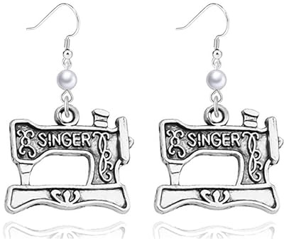 Dreuyet Perlen-Ohrringe für Damen, einzigartige silberfarbene Näh- und Stricknadeln, Häkelohrringe für Stricker, Nähliebhaber, Schmuck, Geschenk (Singer Nähmaschine)