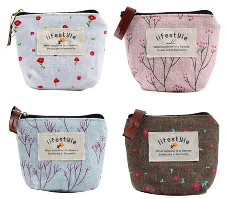 HIOQFR 4pcs Mini Porte Monnaie Enfant Fille Petit Porte Monnaie Femme Toile Petite Pochette Tissu Zippée Portefeuille Mini Pochette Bourse Floral Porte-monnaie avec Fermeture éclair Trousse Maquillage