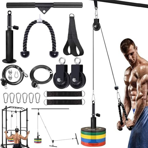 Kugooyi Weight Pulley System Home Gym Exercise Machine Strength Training Equipment Power Rack Accessories for Lat Pull Down, Biceps Curl, Forearm Workout (2 cables + 3 handles)