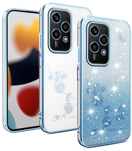 XINYEXIN Cover per Honor 200 Lite 5G Trasparente con Glitter Brillante e Design Floreale, Custodia Antiurto Ultrafina Elegante, Case Cover - Blu
