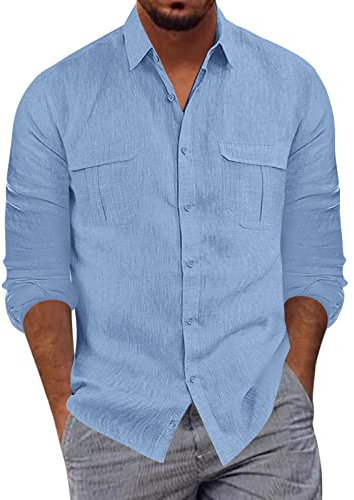 Men's Cotton Linen Shirt Long Sleeve, Summer Shirts for Men Casual Men's Fashion Casual Buttoned Lapel Shirt Solid Color T-Shirt with Pockets Long-Sleeved Shirt Tops Regular Fit Heavy Shirts Blue
