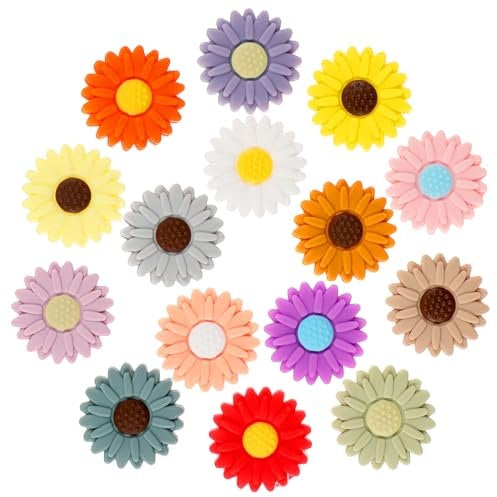 Amabro 15PCS Colorful Sunflowers Silicone Focal Beads, 30mm/1.18 Inches Daisy Flower Silica Gel Accessories Daisy Loose Beads for Pens Bracelets Necklace Keychain Earrings DIY Crafts Jewelry Making