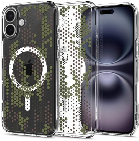 Spigen iPhone 16 Plus Hülle Ultra Hybrid MagFit -Digital Camo | Kompatibel mit MagSafe, DuraClear Tech, Anti-Yellowing, Air Cushion Tech, Militär-Grade Schutz, Spigen Signature Serie