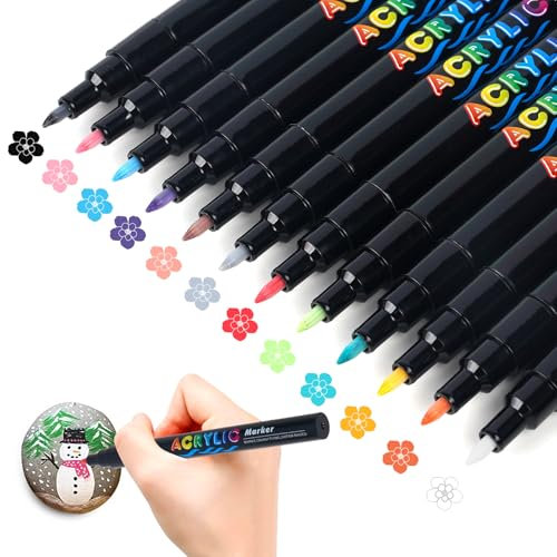 AivaToba Paint Pens & Acrylic Markers for Rock Painting Kit, Craft Kits for Adults Kids, 12 Colours Permanent Graffiti Pens, Acrylic Paint Pen Kits for Arts & Crafts, Fabric/Wood/Glass/Ceramic